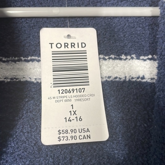 Torrid Nwt Blue Stripe Fuzzy Open Front Hooded Cardigan Size 1 (14/16) - Picture 6 of 6